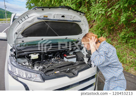 Woman holding her head in front of her car, flat tire, trouble 120453213