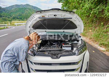 Woman holding her head in front of her car, flat tire, trouble 120453217