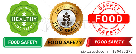 Food safety certified safe consume health approved information product nature leaf sign stamp colorful badges medal emblem ribbon banner label sticker grunge texture design icon set collection 120453273