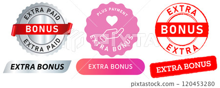 Extra bonus work job paid payment salary reward gift employee company corporate stamp colorful badges emblem button ribbon banner sticker seal sign design icon set collection Extra bonus work job paid payment salary reward gift employee company corporate stamp colorful badges emblem button ribbon banner sticker seal sign design icon set collection 120453280