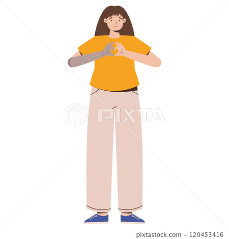 Inclusive Illustration of a Woman with Prosthetic Arm Showing Heart Gesture Representation of Positivity and Diversity in Casual Style Inclusive Illustration of a Woman with Prosthetic Arm Showing Heart Gesture Representation of Positivity and Diversity in Casual Style 120453416