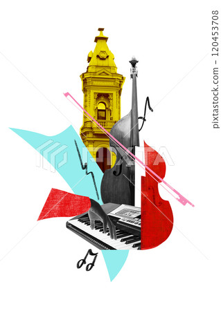 Poster. Contemporary art collage. Bright yellow historic church tower, double bass, and keyboard in colorful, abstract arrangement celebrating music. 120453708