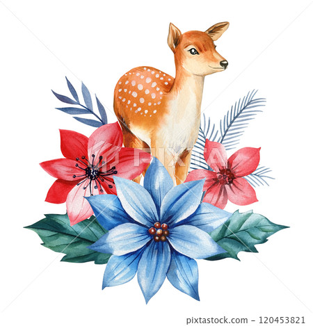 Watercolor Christmas deer, poinsettia flower, Spruce branches for holiday cards, Invitation, congratulations Watercolor Christmas deer, poinsettia flower, Spruce branches for holiday cards, Invitation, congratulations 120453821
