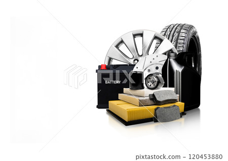 Automotive parts and accessories collection for car maintenance on white background with copy space 120453880