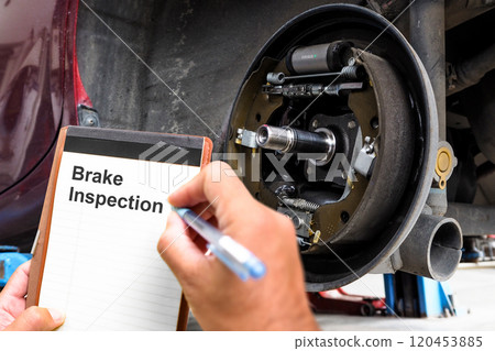 Internal inspection of the brake system by auto mechanic in an auto repair shop Internal inspection of the brake system by auto mechanic in an auto repair shop 120453885