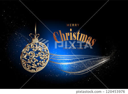 Isolated element, gold glitter ribbon with retro Christmas tree toy. Merry Christmas 120453976