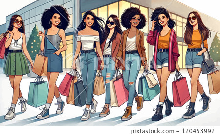 Happy female friends shopping together. Vector illustration of young women with shopping bags in mall 120453992