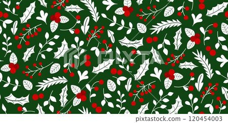 Seamless pattern with white silhouette of holly leaves, sprigs and red berries 120454003