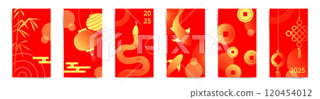 2025 Chinese New Year Red and Gold Stories design Template set. Lanterns, Snake, Coins, and Bamboo Illustrations in Traditional Festive Style 120454012