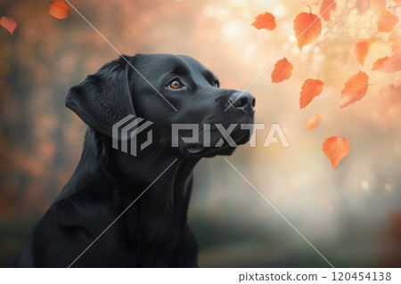 Black dog observes falling leaves in a vibrant autumn setting with a soft glow during sunset 120454138