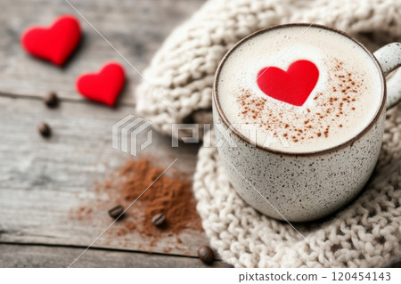 Warm cup of coffee with heart designs on froth and cozy setting during winter evening 120454143