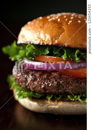 Deliciously stacked burger with fresh vegetables and cheese on a dark background 120454355