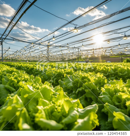 Lush green lettuce growing under bright lights in a greenhouse during the day Lush green lettuce growing under bright lights in a greenhouse during the day 120454385
