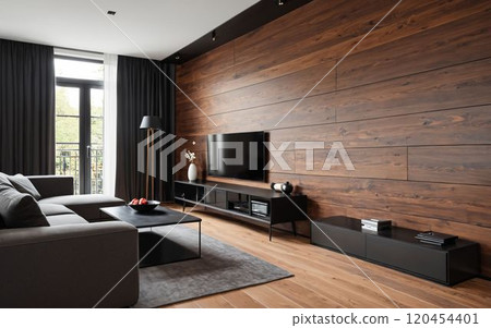 Living room with large flat screen TV on the wall 120454401