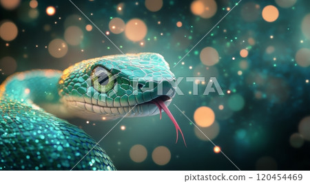 Close view of a vibrant green snake with striking golden eyes against blurred colorful background 120454469