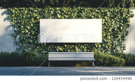 Blank billboard surrounded by lush greenery and a wooden bench in a quiet park 120454490