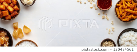 Variety of colorful dishes arranged neatly on a white surface showcasing diverse cuisine options 120454561