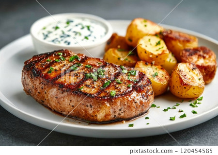 Juicy grilled pork chop served with roasted potatoes and creamy sauce 120454585