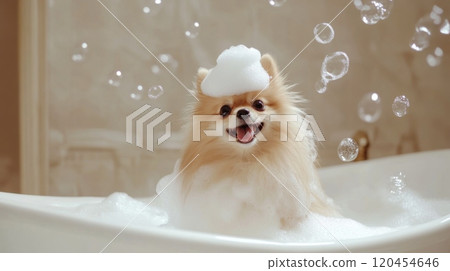 Cute Dog in Bathtub with Bubbles and Soap on Head, Smiling in Funny Style, High-Definition Photography 120454646