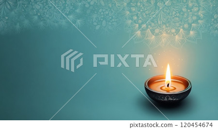Candles and flowers on a turquoise surface creating a serene atmosphere for relaxation 120454674