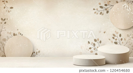 Minimalistic display setup featuring neutral tones and floral accents for product showcasing 120454680