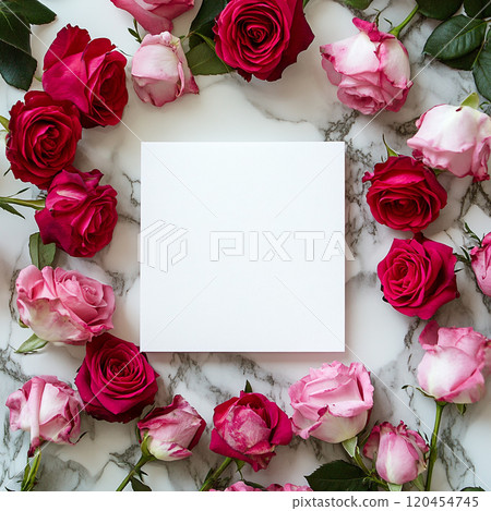 A square white card with an empty space in the center, surrounded by red and pink roses on a marble background.  120454745