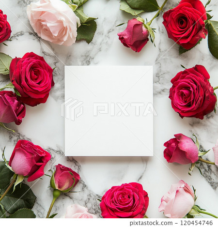 A square white card with an empty space in the center, surrounded by red and pink roses on a marble background. A square white card with an empty space in the center, surrounded by red and pink roses on a marble background. 120454746