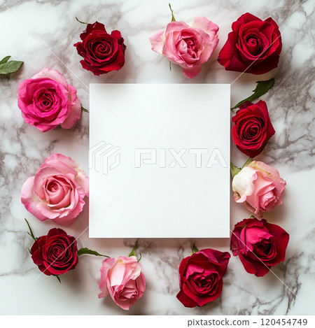 A square white card with an empty space in the center, surrounded by red and pink roses on a marble background. A square white card with an empty space in the center, surrounded by red and pink roses on a marble background. 120454749