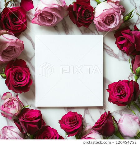 A square white card with an empty space in the center, surrounded by red and pink roses on a marble background.  120454752