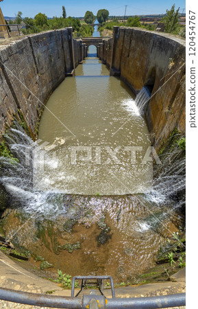 Canal Floodgate, Canal of Castile, Fromista, Spain Canal Floodgate, Canal of Castile, Fromista, Spain 120454767