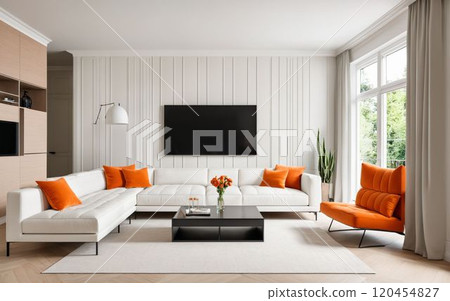 Living room with a white couch and a TV 120454827