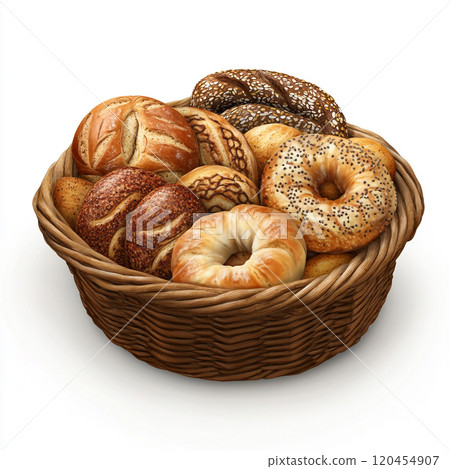 A basket of breads, bagels, and French rolls, isolated on a white background. A basket of breads, bagels, and French rolls, isolated on a white background. 120454907
