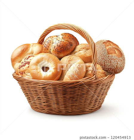 A basket of breads, bagels, and French rolls, isolated on a white background. A basket of breads, bagels, and French rolls, isolated on a white background. 120454913