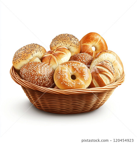 A basket of breads, bagels, and French rolls, isolated on a white background. A basket of breads, bagels, and French rolls, isolated on a white background. 120454923