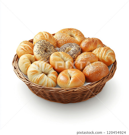 A basket of breads, bagels, and French rolls, isolated on a white background. A basket of breads, bagels, and French rolls, isolated on a white background. 120454924