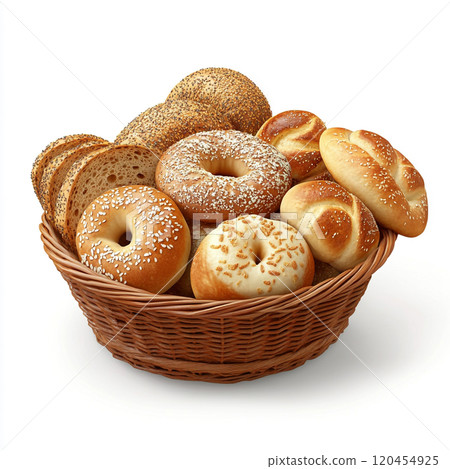 A basket of breads, bagels, and French rolls, isolated on a white background. 120454925