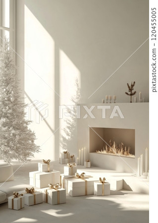 Cozy winter holiday setting with decorated Christmas tree and gift boxes near a fireplace 120455005