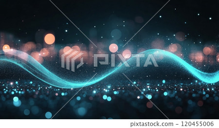 Dynamic flowing wave of light particles against a dark background with blurred bokeh effects 120455006