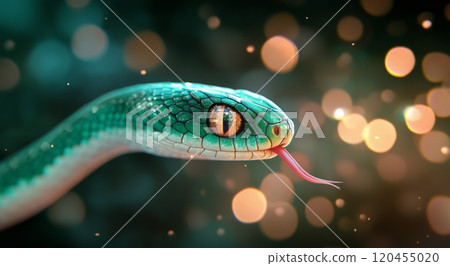 Close view of a vibrant green snake with striking golden eyes against blurred colorful background 120455020