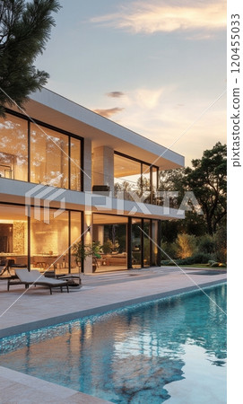Luxurious villa with elegant architecture and beautiful pool during sunset Luxurious villa with elegant architecture and beautiful pool during sunset 120455033