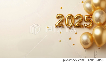 Festive celebration setup featuring gold balloons and 2025 decor for New Year festivities 120455056