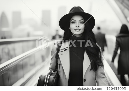 Stylish young woman in hat walks confidently through a modern airport terminal 120455095