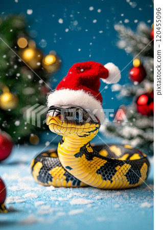 Festive snake wearing a red hat with white pom pom during holiday season 120455096