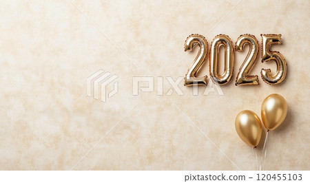 Festive celebration setup featuring gold balloons and 2025 decor for New Year festivities 120455103