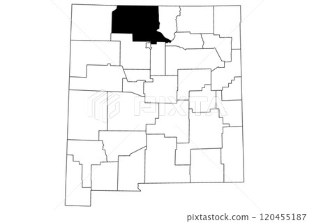 Map of rio arriba County in New Mexico state on white background. single County map highlighted by black color on New Mexico map. UNITED STATES, US 120455187