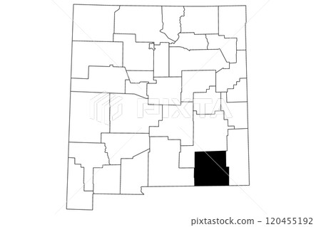 Map of Eddy County in New Mexico state on white background. single County map highlighted by black color on New Mexico map. UNITED STATES, US Map of Eddy County in New Mexico state on white background. single County map highlighted by black color on New Mexico map. UNITED STATES, US 120455192