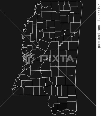 outline Mississippi map with County in white on black background. Administrative map of Mississippi state, United State of America, US, United State. outline Mississippi map with County in white on black background. Administrative map of Mississippi state, United State of America, US, United State. 120455197