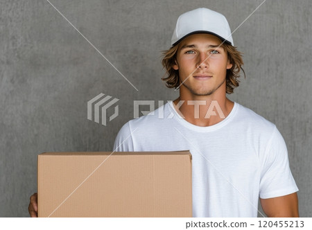 Young man delivering a package wearing a white cap and t shirt in a neutral backdrop Young man delivering a package wearing a white cap and t shirt in a neutral backdrop 120455213