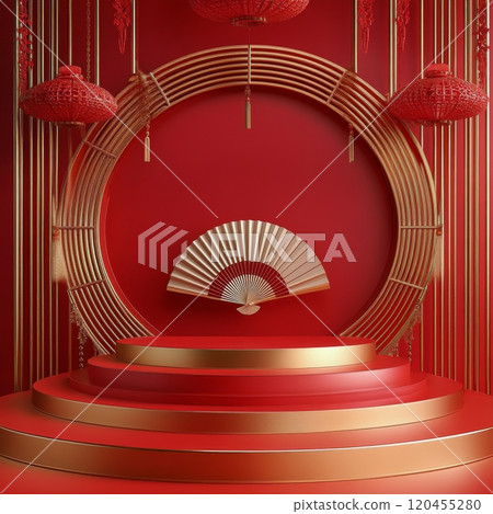Elegant red and gold display featuring a traditional fan and decorative elements 120455280