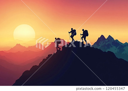 Three hikers climbing mountain at sunset reaching peak 120455347